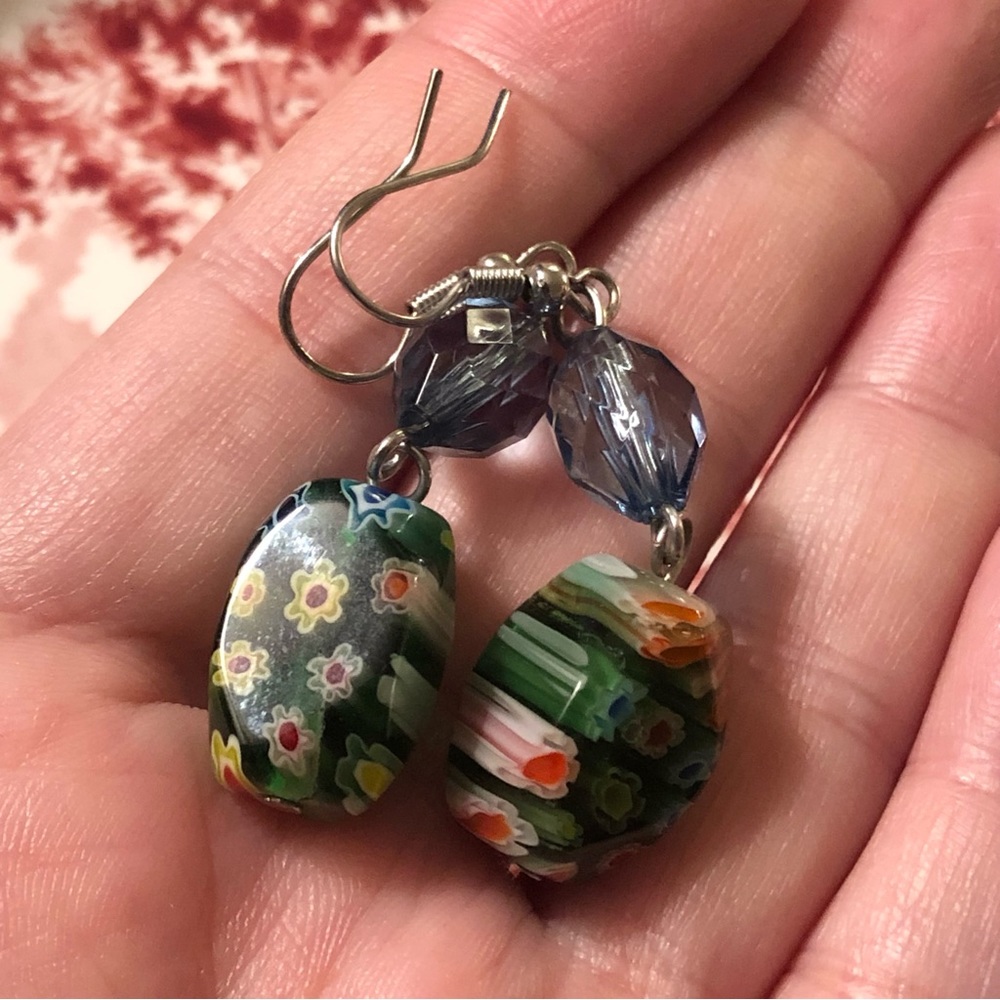 Vintage millefiori art glass dangle earrings w/ faceted blue plastic beads